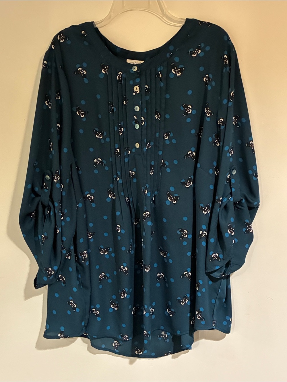 Womens Teal Butterfly & Polka Dot Pintuck Button-Front Blouse